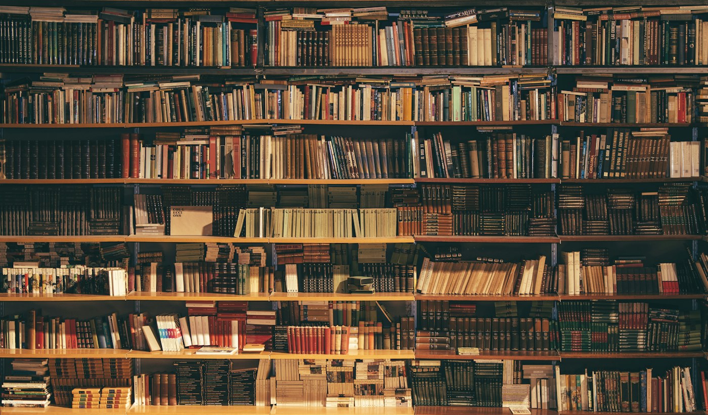 Bookshelves in a library